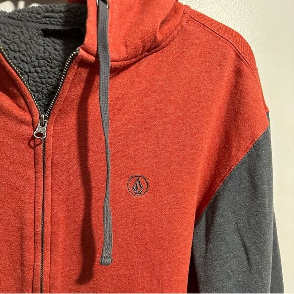 Volcom Men's Red and Gray Zip-Up Hoodie Sweatshirt - Picture 2 of 5